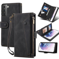 Wallet Flip Leather Case For Samsung Galaxy S21 Ultra S21+ S20+ Lite Case for S21FE S20FE Rope Luxury Zipper Protective Cover