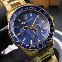 【MASERATI 瑪莎拉蒂】MASERATI手錶型號R8873640008(寶藍色錶面寶藍錶殼金色精鋼錶帶款)