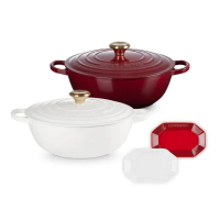 【Le Creuset】典藏琺瑯鑄鐵鍋媽咪鍋28cm 棉花白/醇酒紅 2色選1(贈八角盤14cm)