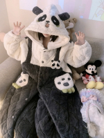 可愛熊貓三層夾棉襖睡衣女秋冬季加厚珊瑚絨睡袍家居服套裝可外穿