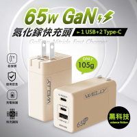 WELLY 65W氮化鎵GaN快充 PD+QC+PPS全兼容 USB-C/A三孔輸出 極速充電器(奶茶)