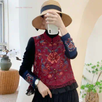 2024 woman vintage hanfu tops chinese traditional lace patchwork vest national flower embroidery oriental sleeveless jacket