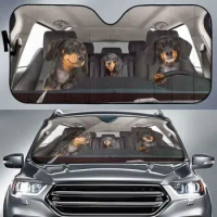 Funny Dachshund Family Left Hand Drive Car Sunshade for Doxie Mom Gift, Black Tan Dachshund Family Driving Auto Sun Shade, Gift