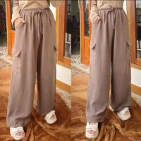 Celana Kargo Panjang Muslim Wanita Korean Style - Gaya Terkini, Bahan Linen Cringkle, Pinggang Full 