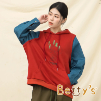 【betty’s 貝蒂思】印花拼接牛仔袖連帽T恤(紅色)