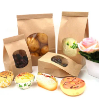 500Pcs/Lot Bakery Bags with Clear Window Sealing Grease Proof Kraft Paper Bag for Food Snacks Cookie Coffee Kitchen Accessories