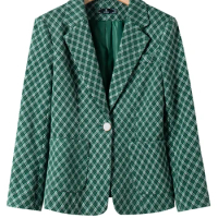 Yiitmuceng Fall Green Grey Plaid Blazer for Women Winter 2023 New Fashion Long Sleeve Single Button Office Ladies Jacket Coats