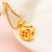 Real 24K Gold Color Dice Shaped Necklace for Women Men Pure 999 Link Chain Jewelry Engagement Wedding Christmas Birthday Gifts