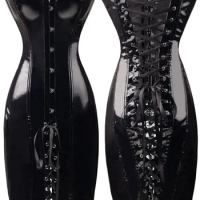 Sexy Womens Black PVC Corset Fetish Dress Ladies Dominatrix Nightclubs corset S-XXL