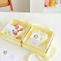 2Pieces 4/6Inch Light Yellow Ribbon Handle Cake Paper Packaging Box PVC Transparent Cover Birthday Party Gift Pastry Box