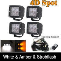 4PCS 120W 4D LED Work Light 3 inch Square Cube Pods Amber White Strobeflash Color Change &amp; Free Wiring Harness Kit 12V 24V Truck