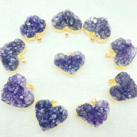 New Natural Gem stone Purple Crystal Quartz Amethyst Rough Slab Geode Heart Pendant Charms For DIY Jewelry Making Necklaces 4pcs