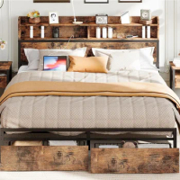 IRONCK King Size Bed Frame with Bookcase Headboard &amp; Drawer &amp; Charging Station,Sturdy Metal Platform Bed, No Noise, No B