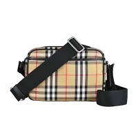 BURBERRY Paddy內壓印字LOGO英倫風格紋設計帆布飾邊牛皮拉鍊斜背包(男款/米x卡其)