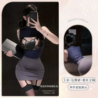 性感秘書cos純欲御姐OL女辦公室制服套裝大碼睡衣約會緊身包臀裙-藏青色【上衣+包臀裙+文胸】 均碼-款式3