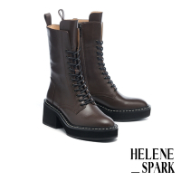 短靴 HELENE_SPARK 率性時髦HS拉鍊綁帶全真皮厚底高跟短靴－咖