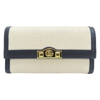 【二手名牌BRAND OFF】GUCCI 古馳 米色 黑色 皮革 扣式 長夾
