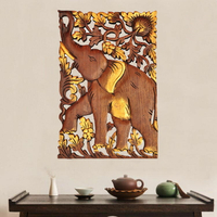 泰國實木雕刻大象方形裝飾畫鏤雕小象招財墻飾掛件玄關壁畫壁飾