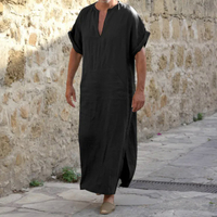 JGYJubba Thobe lelaki Muslim Arab islam v-neck pepejal lengan pendek jubah fesyen Arab Abaya Dubai pakaian Kaftan Muslim pakaian