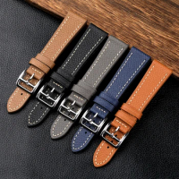 Handmade Pebbled Leather Watchband 18 19 20 21 22 24MM Black Blue Gray Leather Strap H Buckle Watch Band Men's Watch Accessories