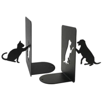 Metal Dog Cat Animal Cute Bookends Black Book End Decorative, Book Ends For Shelves, Desktop Organizer Heavy Duty