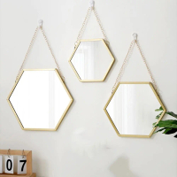 Pelbagai guna Bentuk Hexagon Cermin Rantai Besi Hexagonal Nordic Kerja Besi Cermin Dinding Unik Cerm
