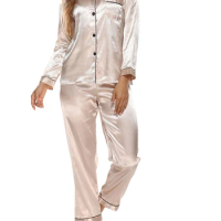 Women 2 Piece Satin Pajama Set Long Sleeve Button Tops and Elastic Pants for Loungewear Soft Sleepwear for Nightwear
