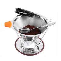 Pour Over Coffee Dripper,Reusable Stainless Steel Cone Coffee Filter With Non-Slip Cup Stand,Cleaning Brush And Spoon
