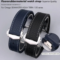 20mm 21mm Silver Metal End Fluorine Rubber Watchband Fit for Omega Seamaster AT150 Aqua Terra Speedmaster Waterproof Watch Strap