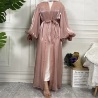 Musulmane Turkey Kaftan Islamic Clothing Muslim For Women Kimono Caftan Marocain Shimmering silk elastic lantern sleeve Cardigan