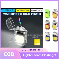 Mini COB Light with Lighter Torch Flashlight Waterproof Plasma Dual Arc Lighter USB Rechargeable Tor