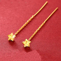 Pure 24K Yellow Gold Earrings Women 999 Gold Star Link Long Dangle Earrings