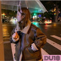 DU18  女裝  韓版加厚機車皮衣羊羔毛外套  (外套)(冬季)(XS-XL)(黑色)(棕色)