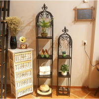 鐵藝實木落地式花盆架收納架置物展示架（黑色，三層實木板,25*25*137cm) 