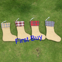 10pcs/lot hot selling 4 colors burlap plaid Christmas stockings monogram personalize good quality X-mas gift bag socks