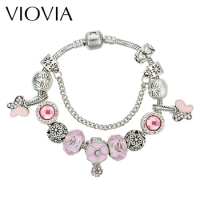 VIOVIA Trollbeads Free Shipping Surtidor Charm Bracelet &amp; Bangle Butterfly Pendant Pink Glass Beads for Women Friendship B16143