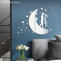 Love Moon Couple Acrylic Mirror Stickers Valentine's Day Mirror Wall Sticker Self-adhesive Wallpaper Home Room Art Mural Decor