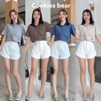 Mamildya.shop เสื้อเชิ้ตแขนสั้น ผ้าเนื้อหนา สโนว์ลายริ้ว ตัดปกสีดำ/ H2-4/COOK-ปกดำสั้น คําแนะนําการข