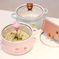 日式卡通大號泡面碗帶蓋雙耳陶瓷碗可愛學生飯碗大碗湯碗餐具套裝