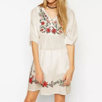 Summer Dress V Neck Mexican Embroidered Women's Dressy Tops Blouses Ladies Dress