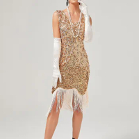 Women's Vintage Dress Sexy Sleeveless Dress 1920s Sequin Beaded Tassels Party Night Flapper Gown Dress