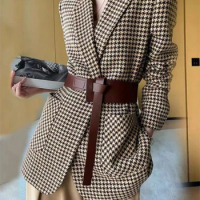 Women Woolen Blazer with Pockets Splited Jackets Autumn Winter Houndstooth Vintage Office Lady Coat Oversized Blazers for Women