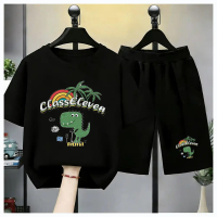 COD ชุดเด็ก 2 ชิ้น 8 สี ลาย Class Eleven ไดโน่สายรุ้ง สไตล์วินเทจน่ารัก เสื้อยืด + กางเกงขาสั้น สต็อ