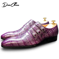 LUXURY BRAND MEN LEATHER SHOES PURPLE BLUE LOAFERS BUCKLE STRAP CASUAL DRESS MAN SHOES WEDDING PARTY MONK SHOES FOR MEN