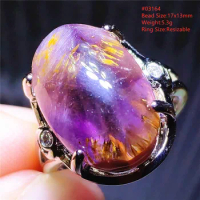 Natural Purple Cacoxenite Auralite 23 Adjustable Ring Rutilated Quartz Ring 925 Sterling Silver Canada 16x12mm Rare AAAAAA