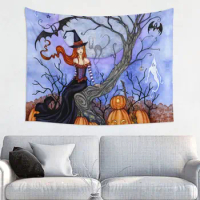 Halloween Tree Witch Pattern Tapestry Wall Hanging for Living Room Custom Hippie Occult Gothic Magic Tapestries Room Decor
