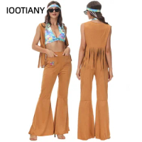 Halloween Party 60's70's Flower Hippie Costume Set Women Indian Tassels Hippie Love Peace Headband Top Vest Pants