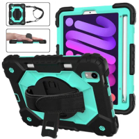 For iPad Mini 6 Case Shockproof Rugged Cover with Pencil Holder Kickstand Hand Shoulder Strap for iPad Mini 6 8.3 2021 Kids Case