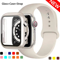 Glass+Case+Strap For Apple Watch ultra 2 band 44mm 40mm 45 41mm 38 42 mm Silicone watchband bracelet iWatch series 8 9 7 6 5 4 3