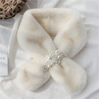 珍珠純色毛毛領白色仿獺兔毛圍脖女秋冬季保暖交叉加厚毛絨圍巾1入